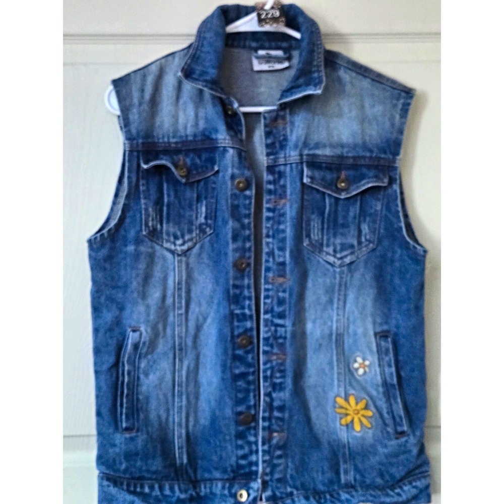 Vtg. SeaWorld Women's XS Denim Vest Floral Embroidered Button Pockets 20x24